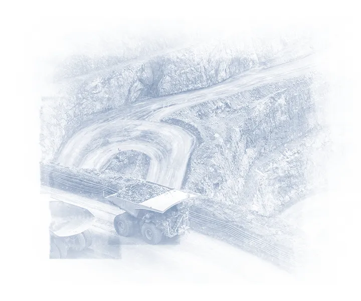 Overhead view of an open-pit mine with three CAT mining haul trucks, including loaded and empty trucks traveling along the haul roads.