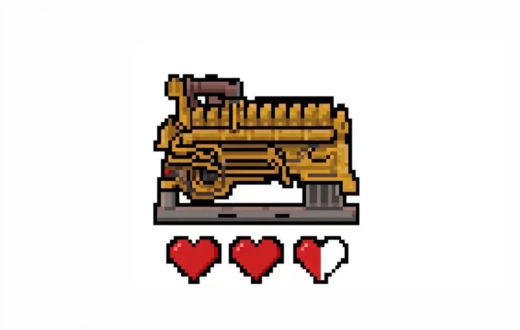 Pixel-art CAT engine with three heart icons representing multiple engine lives through rebuilding.
